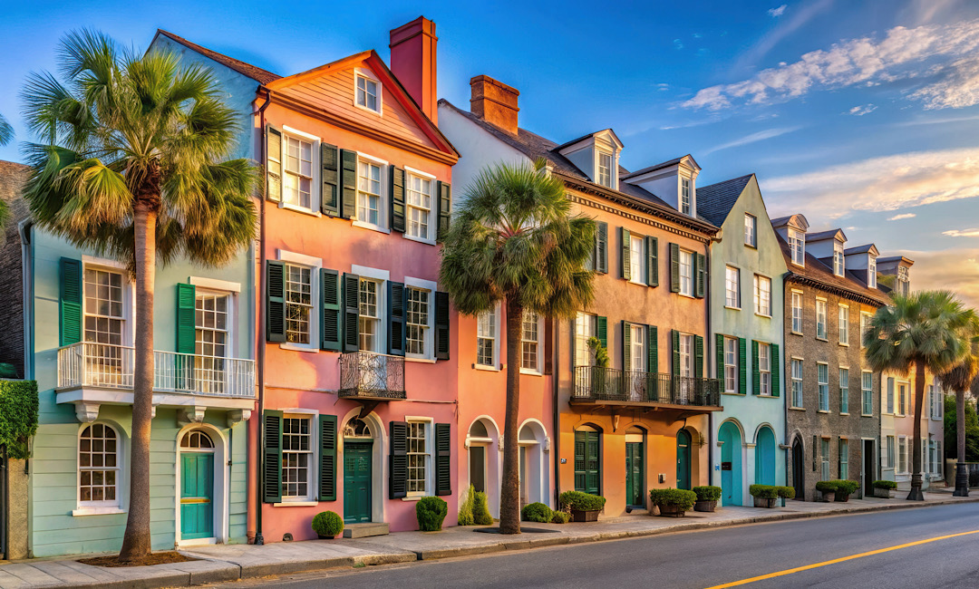 Colorful row of historic homes in Charleston SC, Rainbow Row, Charleston, South Carolina, historic, colorful, architecture