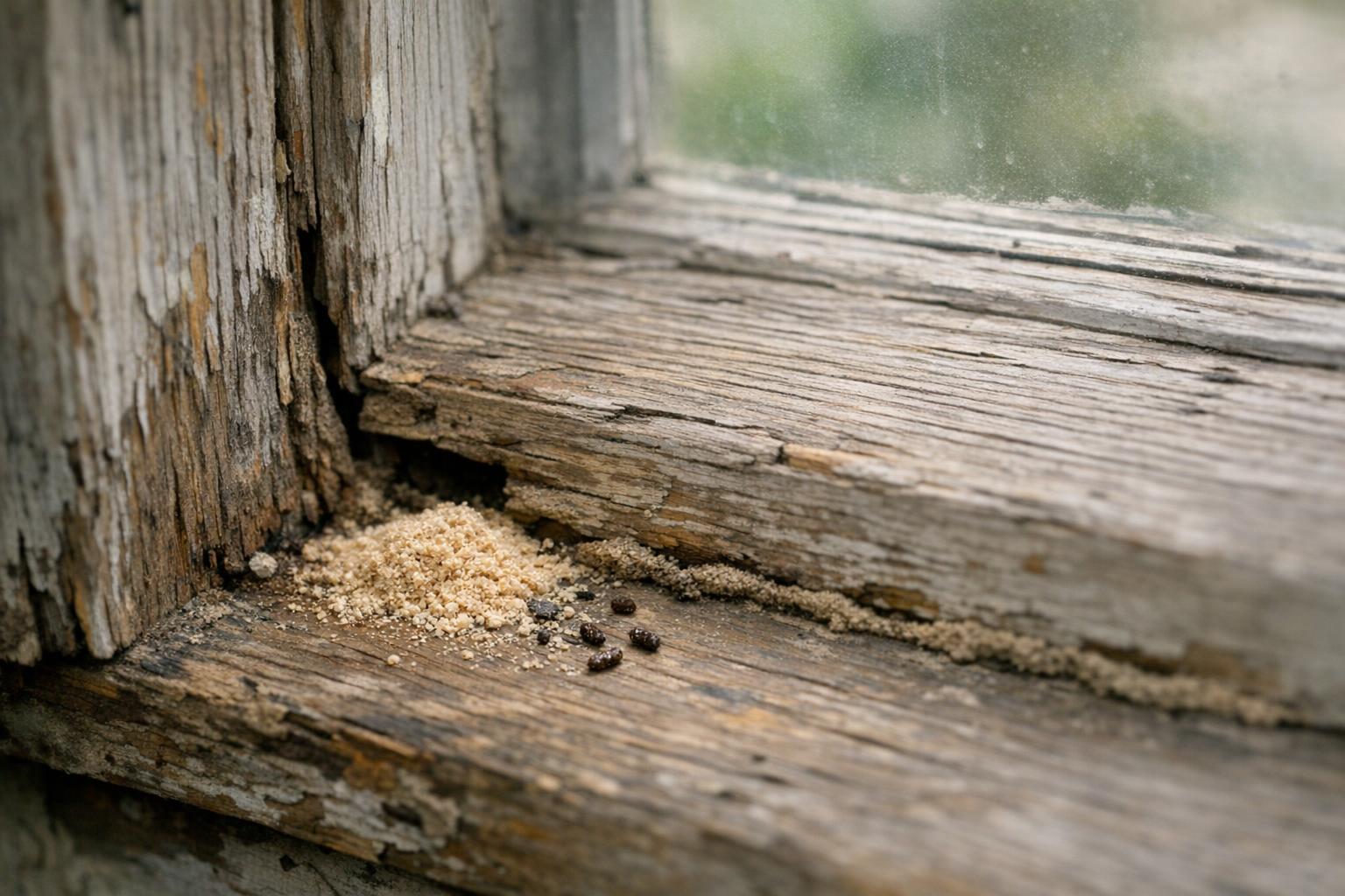 Close-up of damaged wooden window sill in Charleston home with subtle frass, pellet droppings, and mud tube, indicating pest activity without people present.