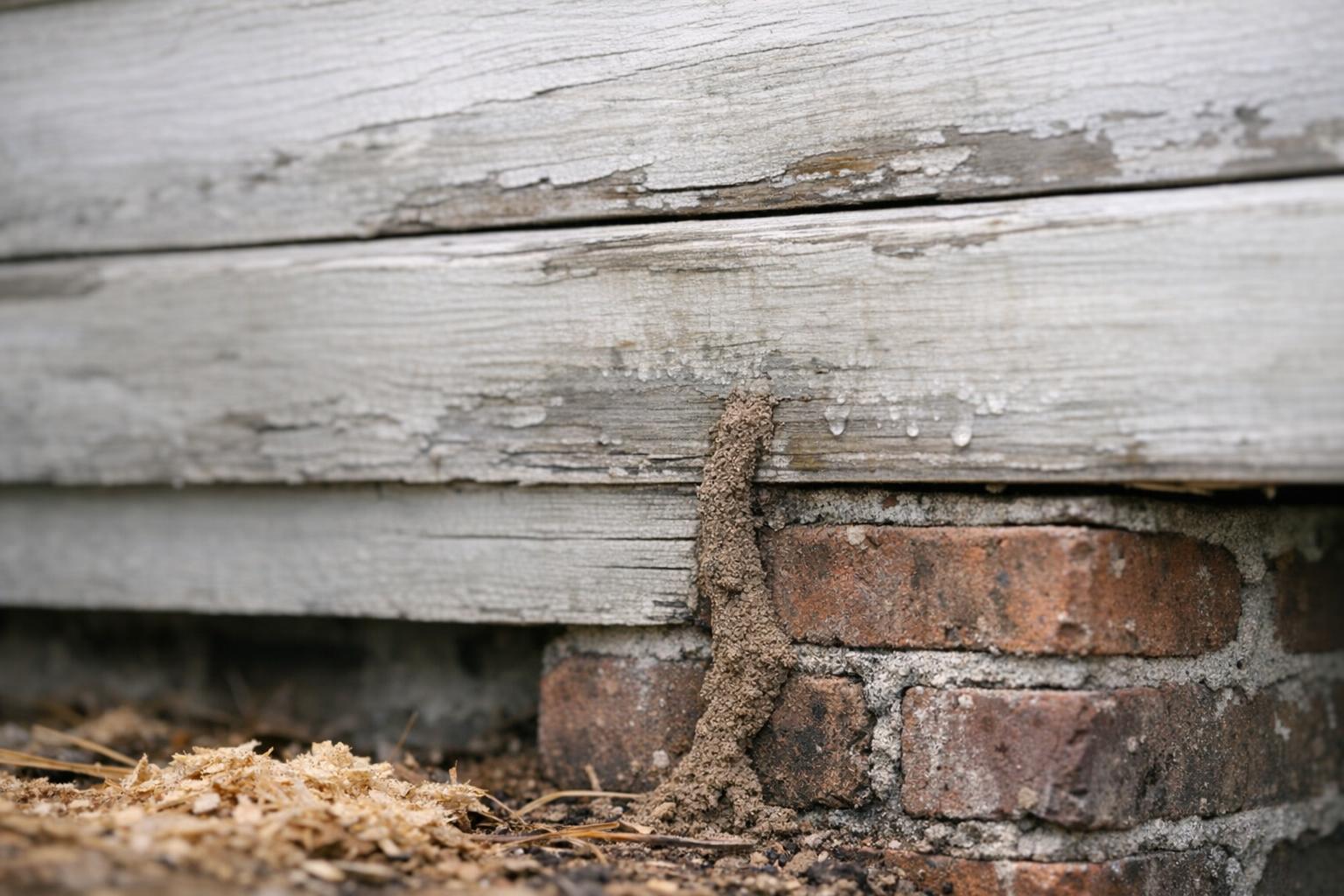 Moisture-damaged wooden base of a historic Charleston home with signs of pest activity along the brick foundation.