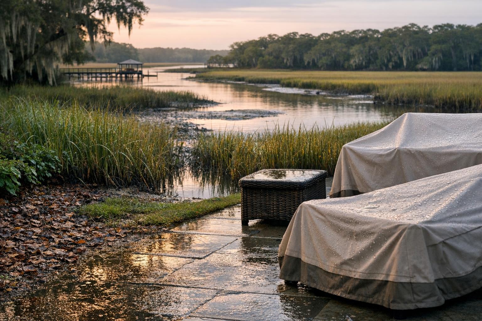 Stock photo of a Charleston, SC backyard at dusk showing marsh grass, tidal creek, and small puddles after rain, illustrating typical mosquito breeding conditions.