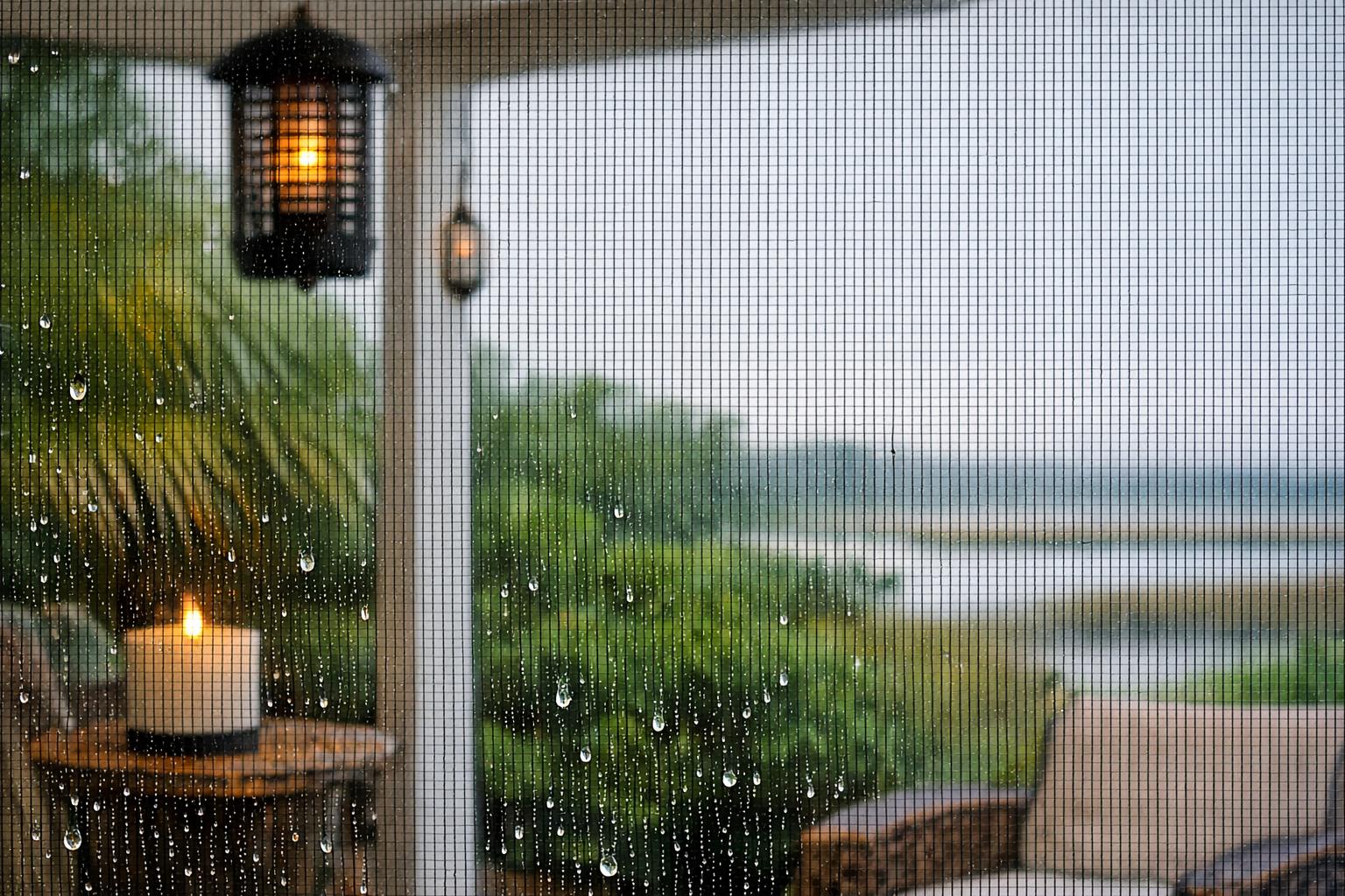 Close-up of a fine mesh screen on a Charleston porch with blurred marsh foliage in the background, illustrating pest control measures for coastal homes.