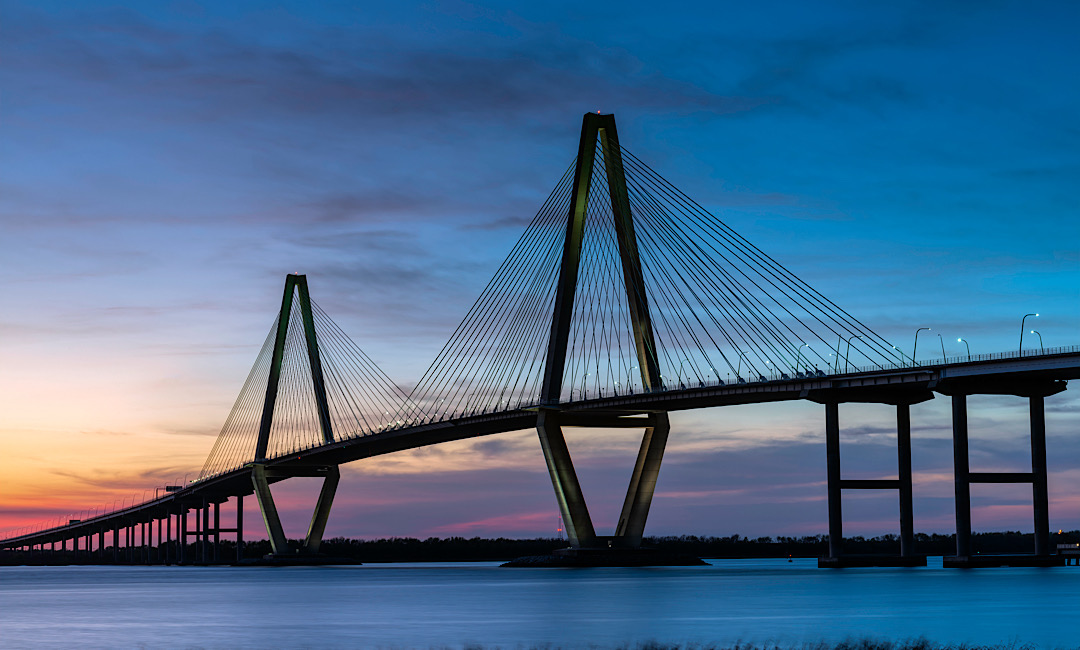 Arthur Ravenel Jr. Bridge in Mt. Pleasant, SC, at sunset.