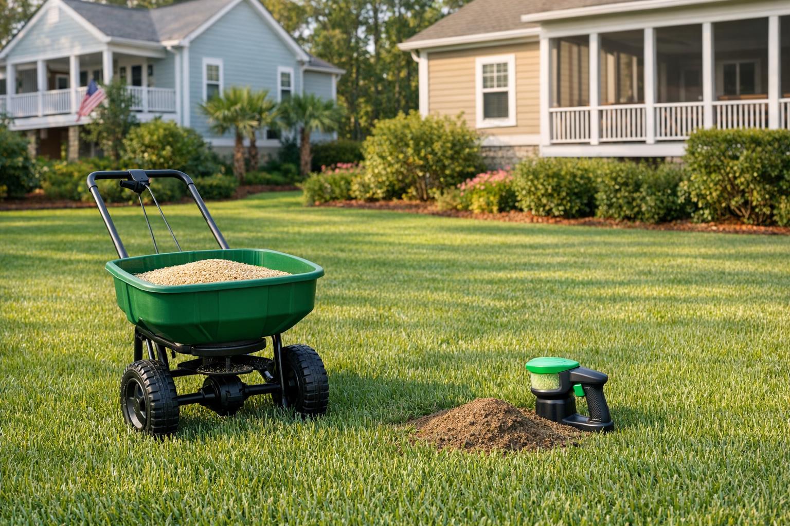 Stock photo of a Charleston suburban lawn with a broadcast spreader and ant bait applicator, representing fire ant control methods without people.