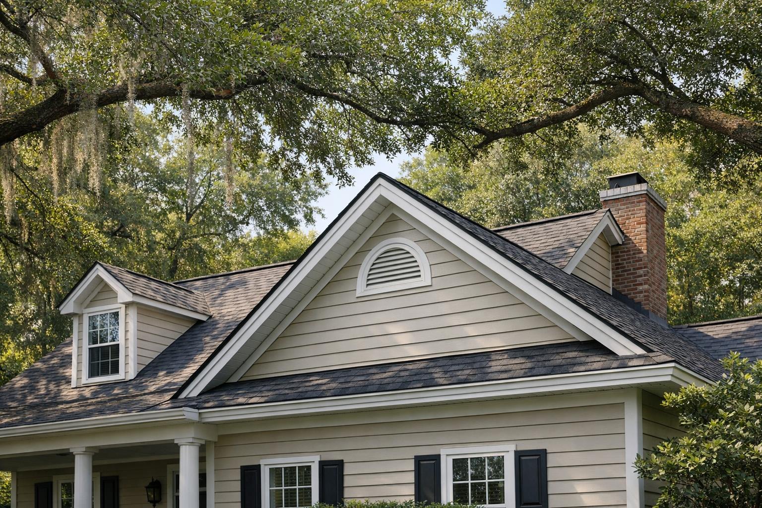 A stock photo depicting a Charleston-style home with visible roof features and mature trees nearby, illustrating potential entry points for attic wildlife like flying squirrels.