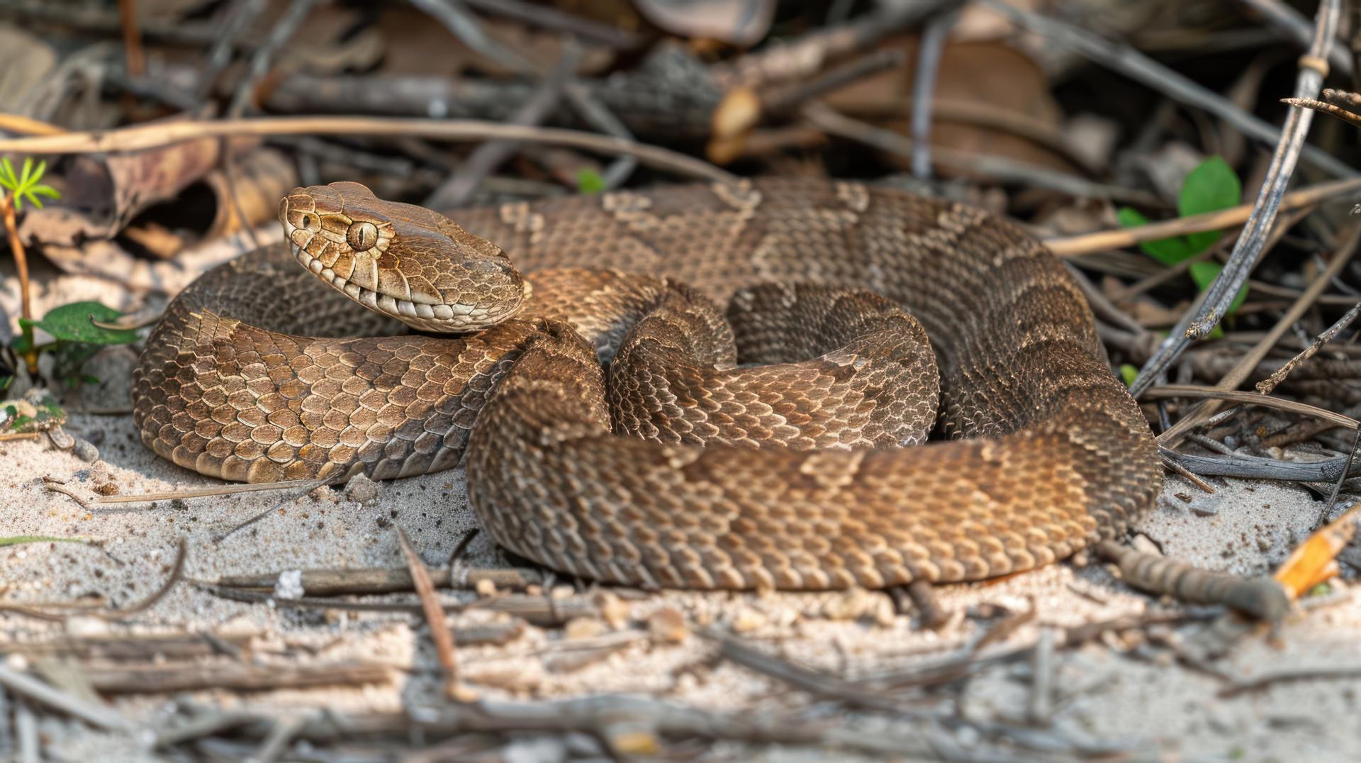 A coiled snake resting on sandy ground among leaves and twigs in a natural habitat