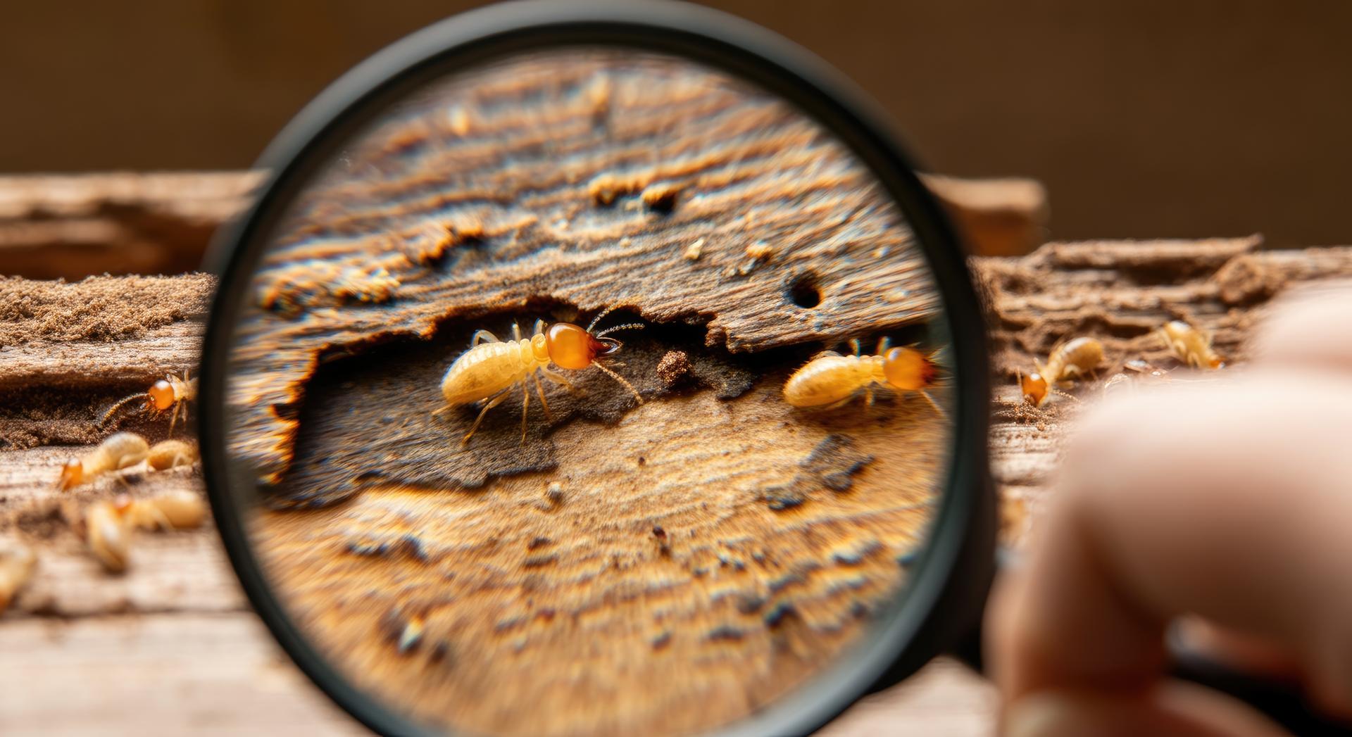 Close-up of termites through magnifying glass on wood, highlighting pest control concept