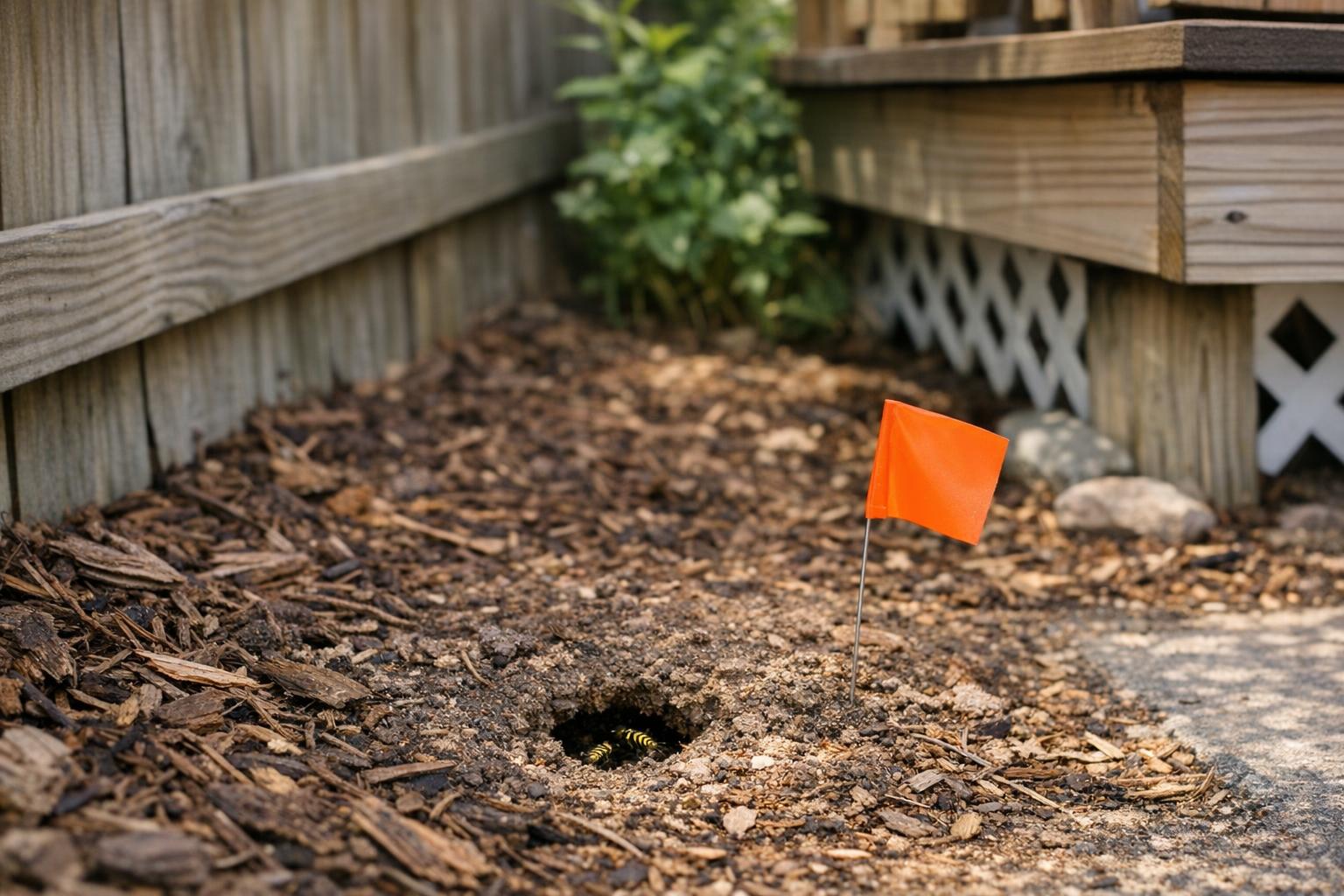 A stock photo showing a Charleston, SC home yard with mulch bed and fence, focusing on a ground-level yellow jacket nest entrance for pest identification and safety awareness.