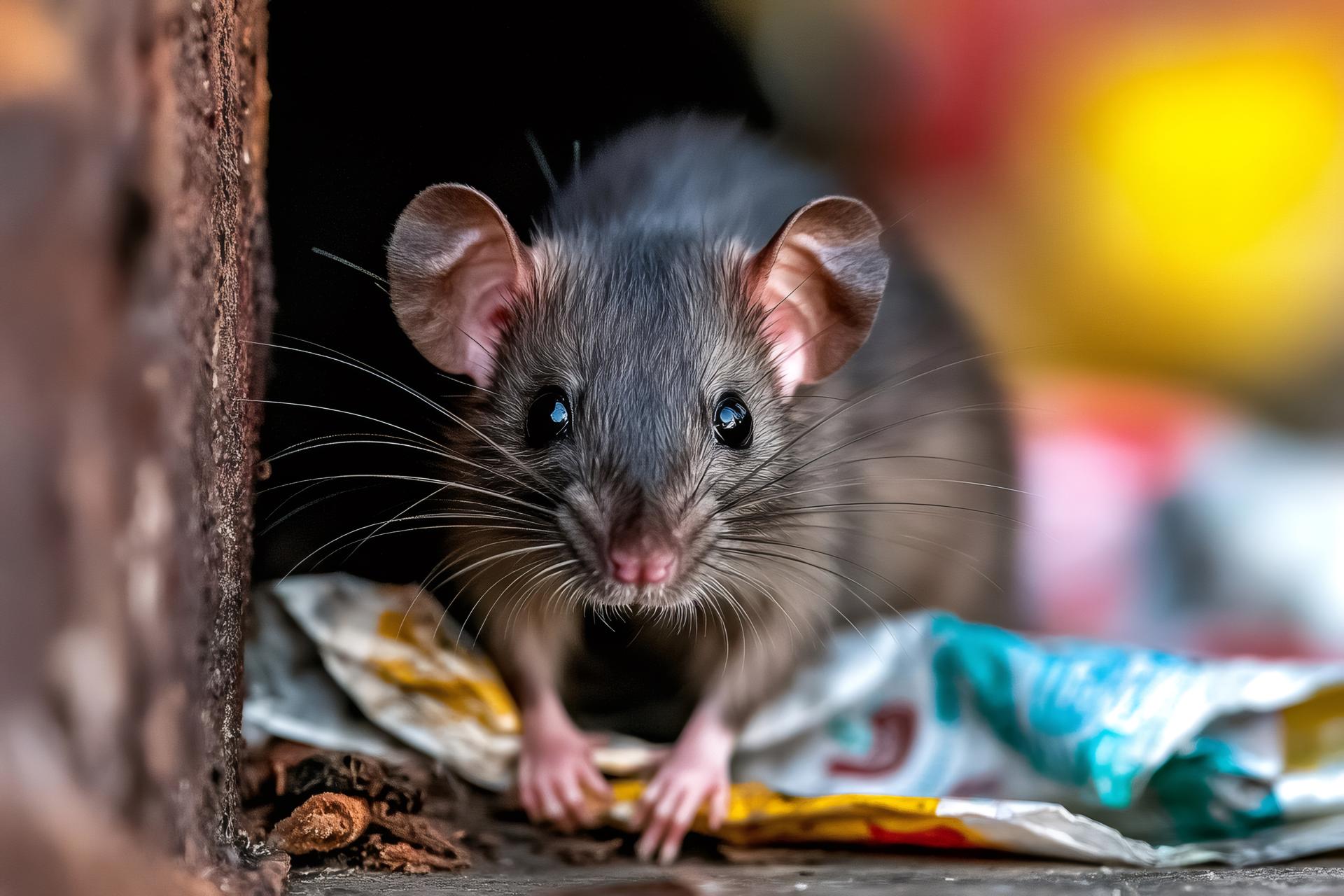 Wild rat emerging from its hiding place in urban environment