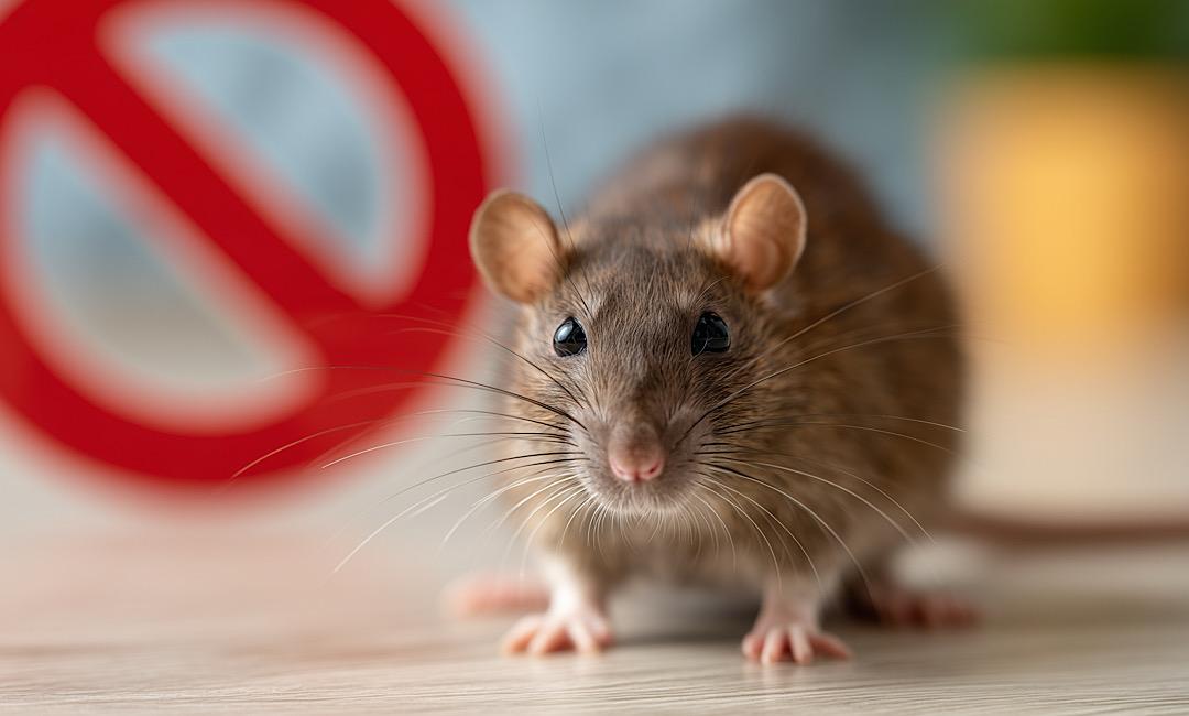 Brown rat on a wood floor next to a red prohibition symbol, illustrating rodent control for Mt. Pleasant, SC homes