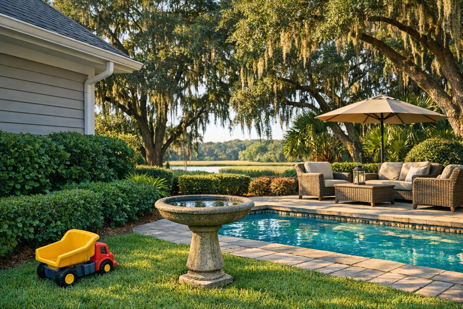 Well-maintained backyard in Mount Pleasant, SC with trimmed shrubs, clean patio, and common mosquito breeding spots like birdbaths and gutters, illustrating effective mosquito control practices