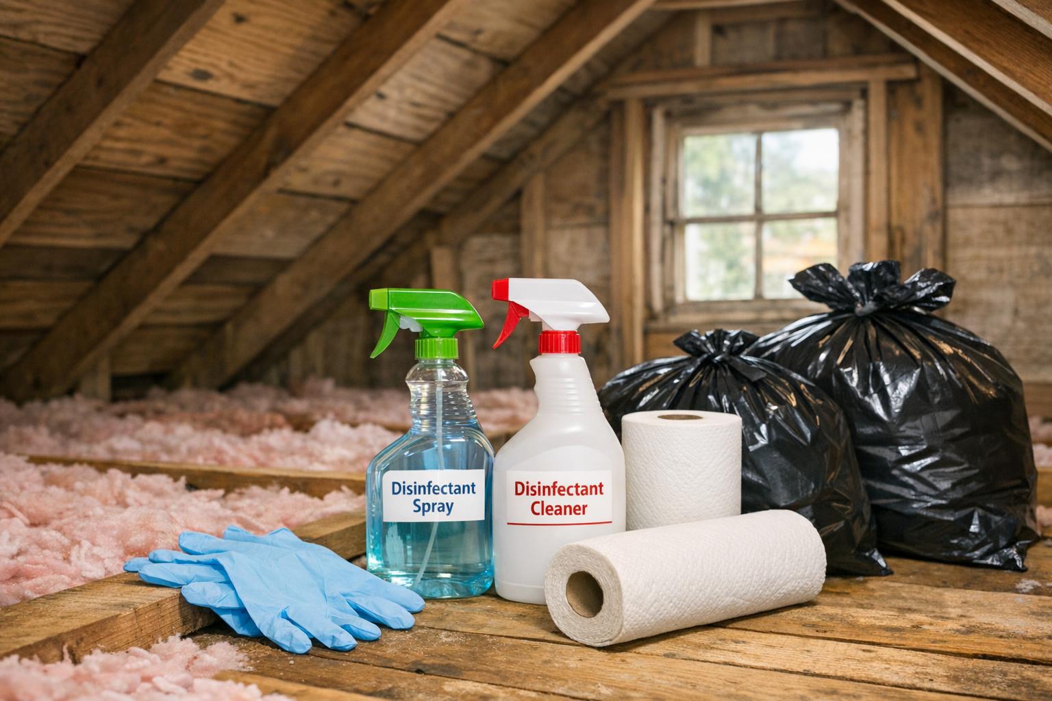 Stock photo of a clean attic in a coastal home with gloves, disinfectant, and cleaning supplies arranged for safe rodent cleanup, no people visible.