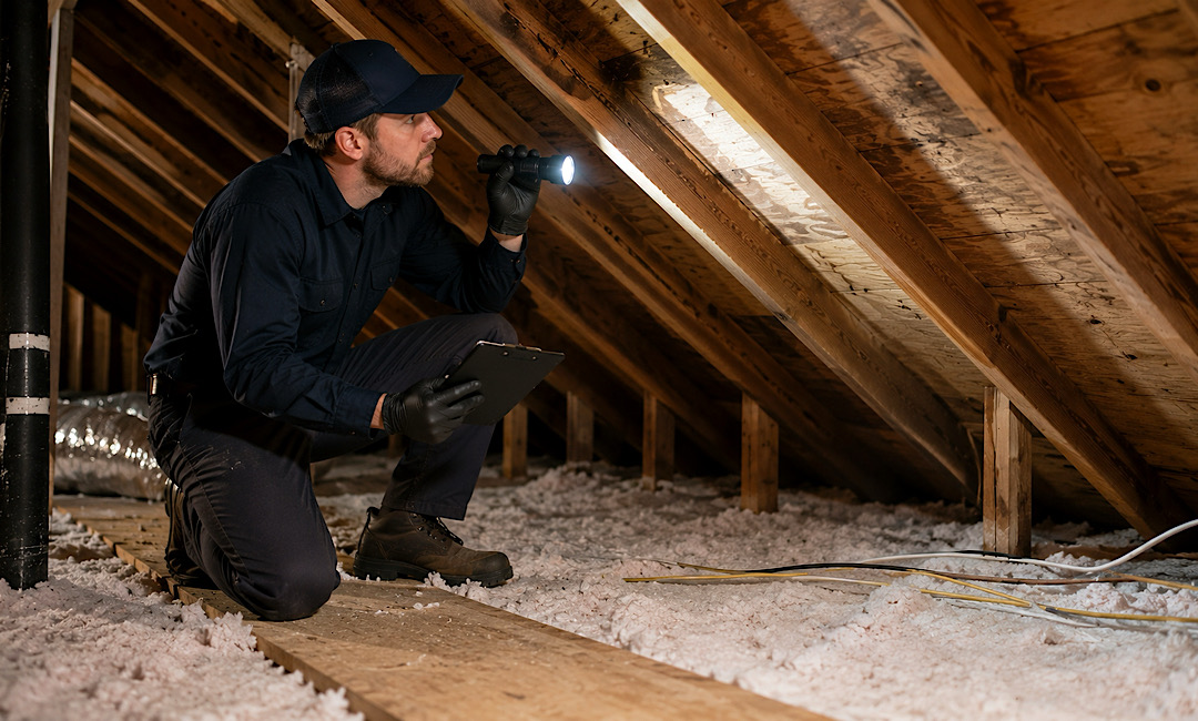 Pest control technician inspecting an attic with a flashlight during emergency rodent removal in Mt. Pleasant, SC