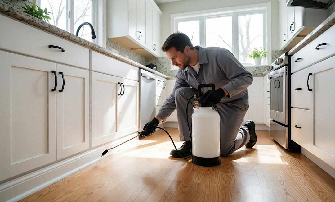Pest control technician applying targeted cockroach treatment inside kitchen cabinets in Mt. Pleasant, SC